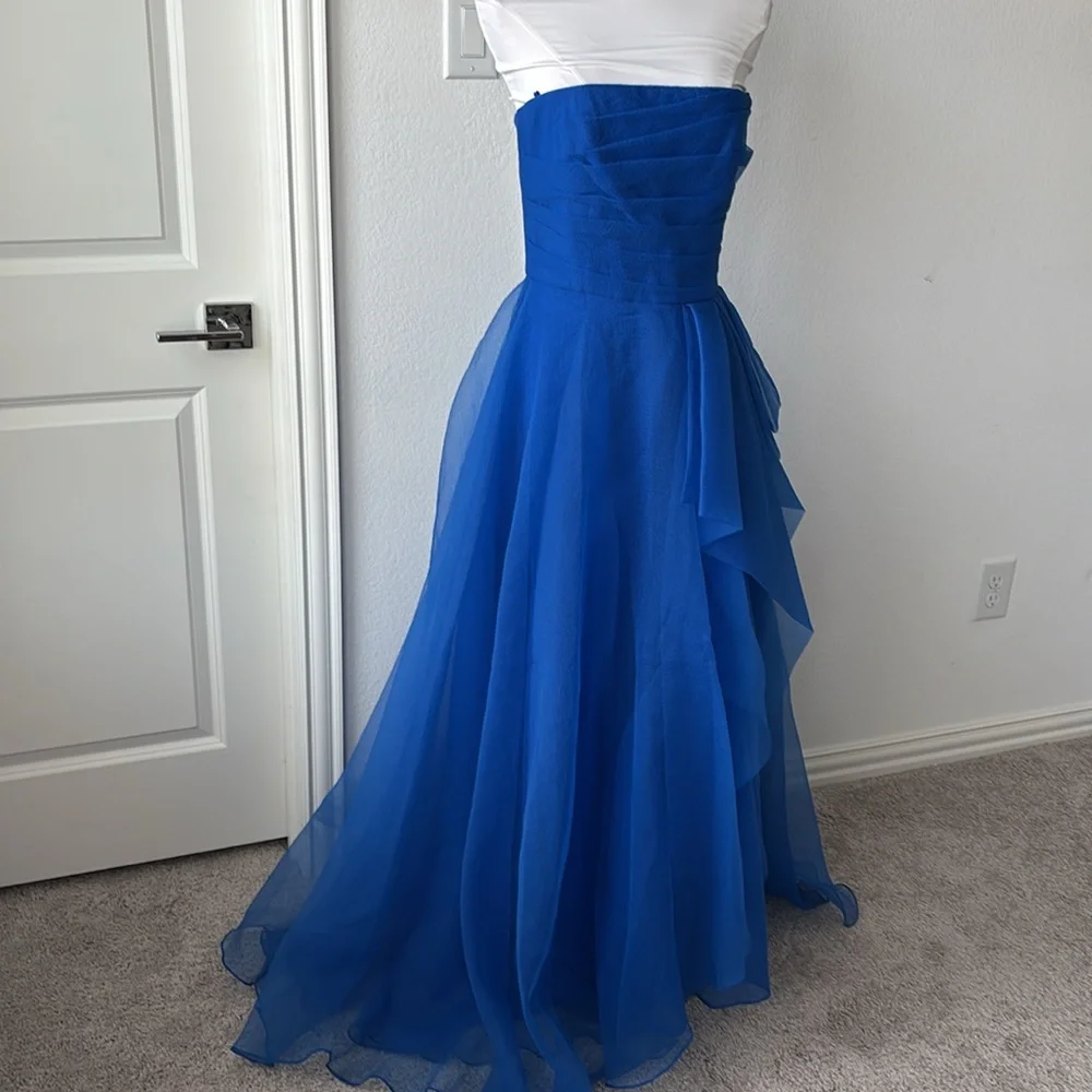 Theia Blue Asymmetrical Ruffled Strapless Gown - Picture 5 of 9